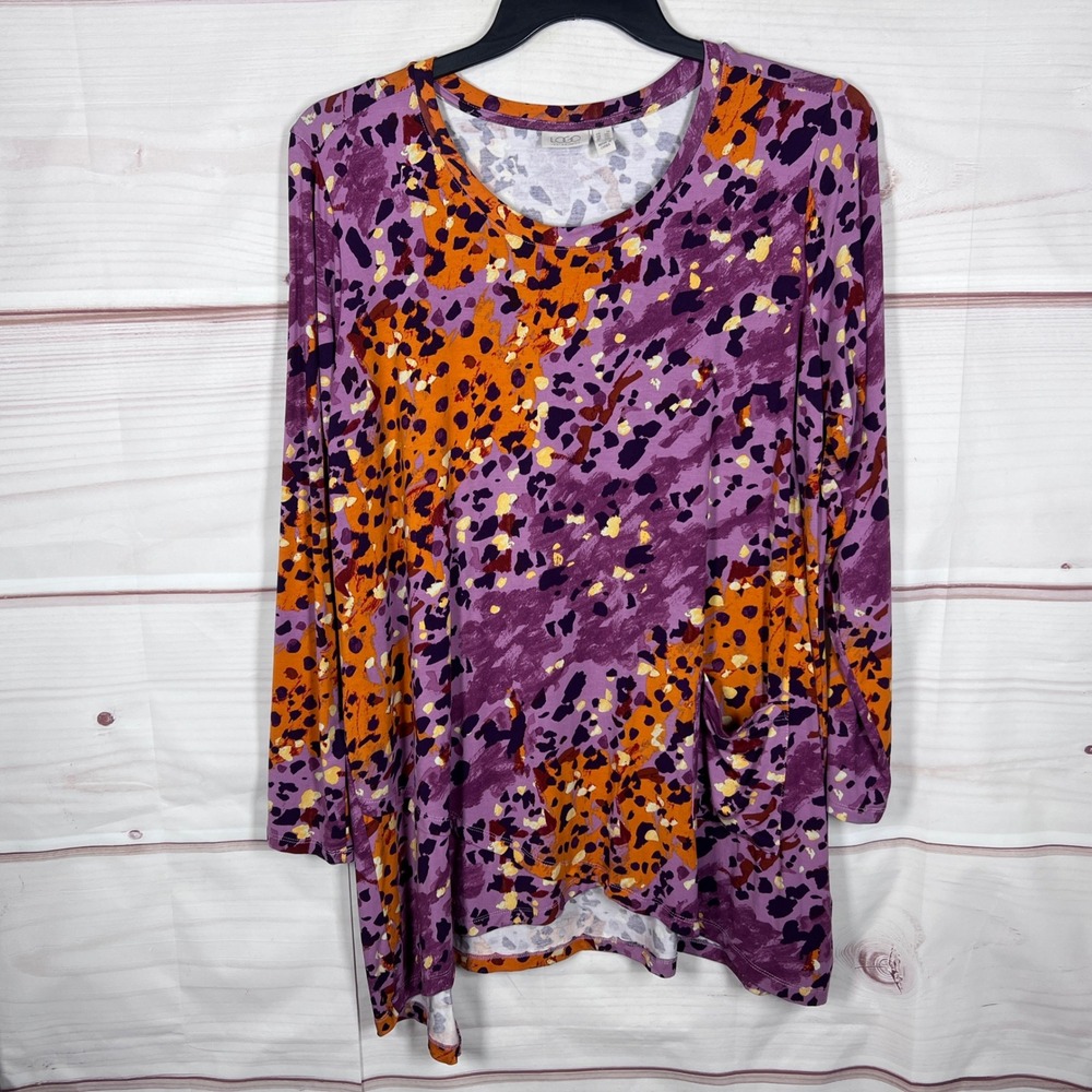 LOGO Lori Goldstein Tunic Top Womens 1X Purple Abstract Long Sleeve Rayon 230
